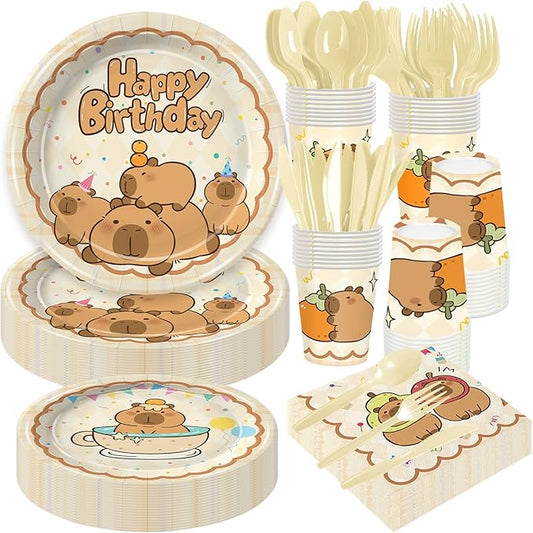 168Pcs Capybara Birthday Decorations Capybara Theme Party Plates and Napkins Cups Tableware Set Capy Animals Themed Party Supplies for Boys Girls Serves 24