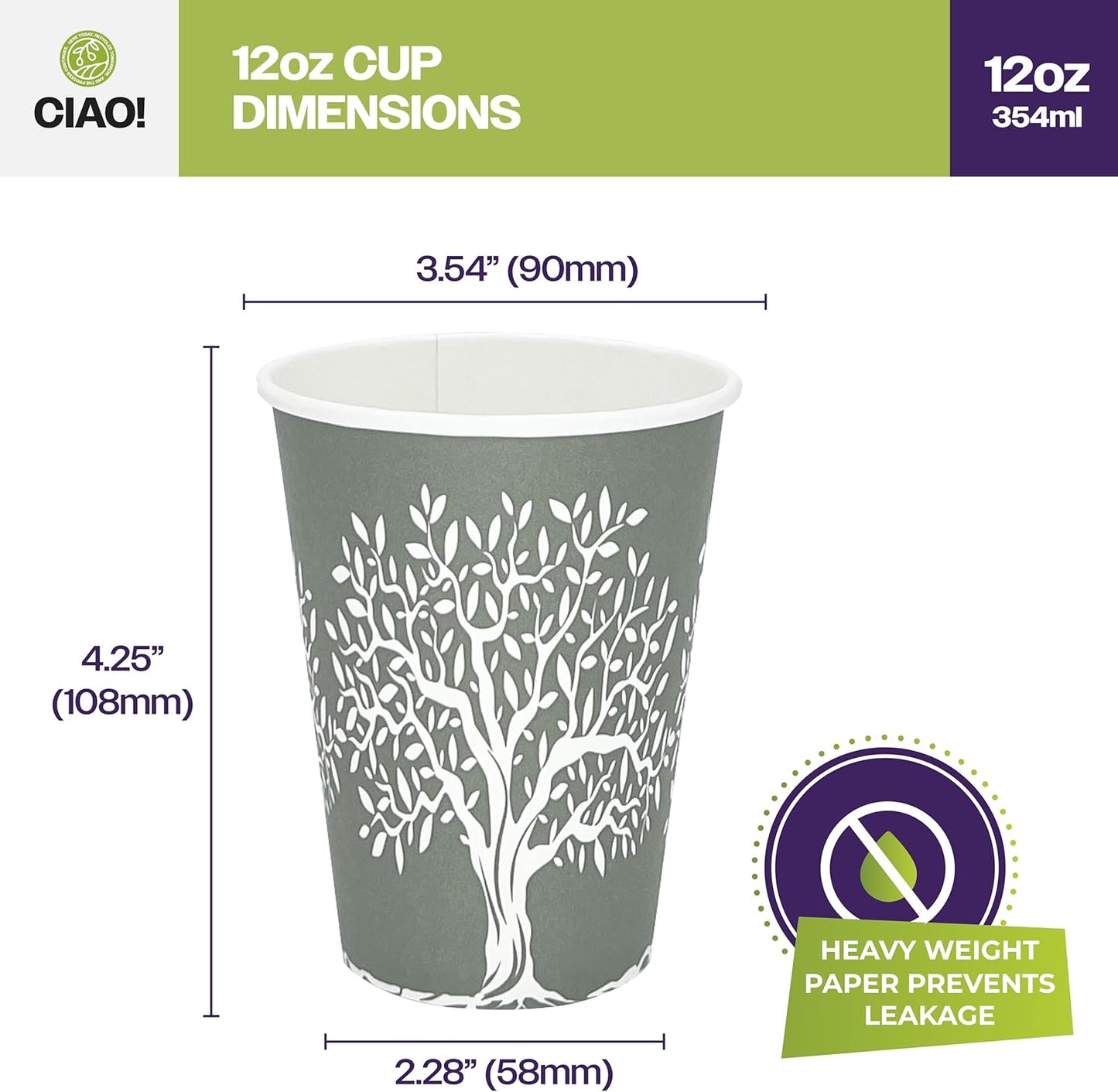 CIAO! 12oz Paper Hot Cup, Rooted Olive Print, (Case of 1,000)
