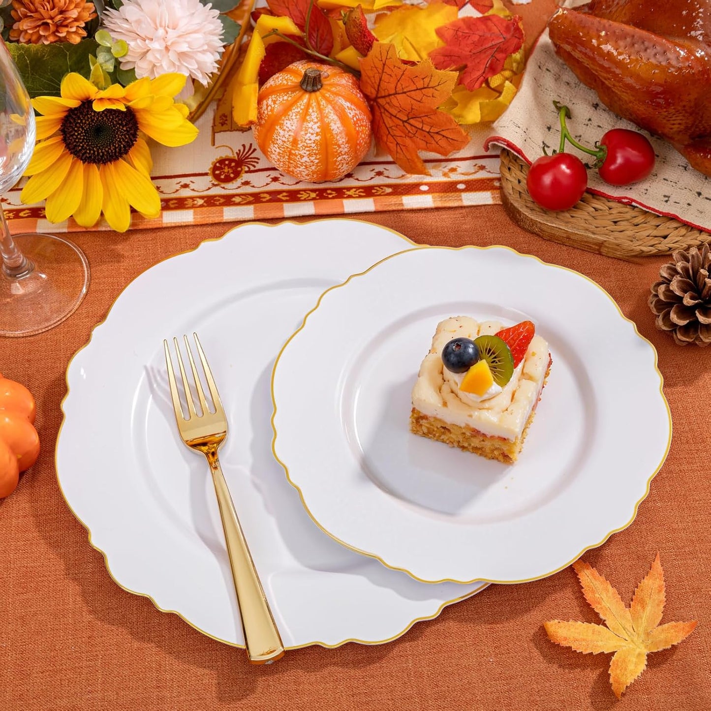 WDF 60pcs White and Gold Plastic Plates - Baroque White With Gold of 30 Heavy Duty Gold dinner plates 10.25inch, 30 Salad Plates 7.5inch Perfect for Thanksgiving Weddings/Party/Birthday