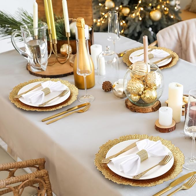 12 Pcs Charger Plates Bulk for Wedding Chargers 13" Reusable Round Serving Plate Table Chargers for Catering Family Party Restaurant Home Dinner Supplies (Reef, Gold)