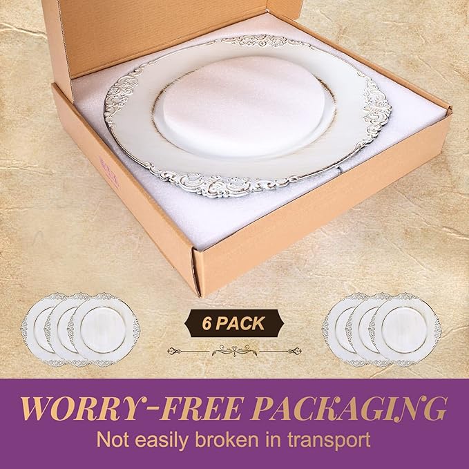Gifturbo Antique White Charger Plates, 13" Round Chargers for Dinner Plates, Set of 6 Plastic Charger Plate for Table Setting,Decorative Plate Chargers for Wedding,Decoration