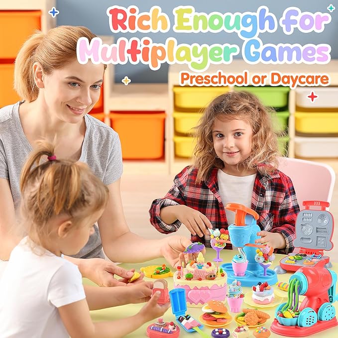 4 in 1 Color Dough Set Kitchen Creations with Ice Cream/Cake/Noodle/Hamburger Maker Machine, Arts Crafts Play Food Toys Tools Kit for Boys Girls Kids Toddlers Ages 3+ , 24 Dough
