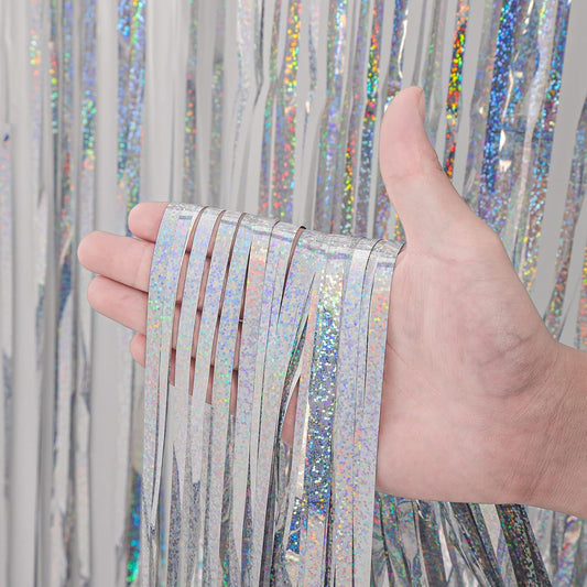 2 Pack Laser Silver Foil Fringe Backdrop Curtains, Tinsel Streamers Birthday Party Decorations, Fringe Backdrop for Graduation, Baby Shower, Gender Reveal, Disco Party