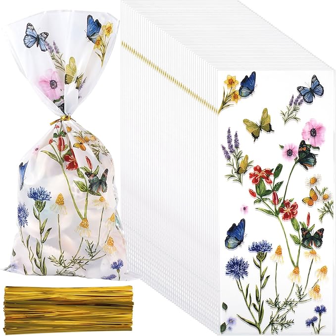 Tinoaly 50pcs Wildflower Party Plastic Goodie Bags, Clear Floral Butterfly Candy Cellophane Bags Wildflower Party Favor Decorations for Birthday Baby Shower Snack Cookie Gift Packing