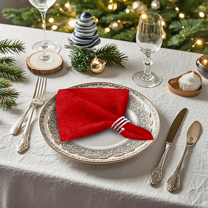 SASTYBALE Christmas Red Jacquard Square Napkin, Damask Wrinkle Resistant Soft Polyester Napkins, Fabric Cloth Dinner Napkins for Wedding, Winter, Holiday, Xmas, Parties, Set of 4 (Red, 20X20 Napkin)