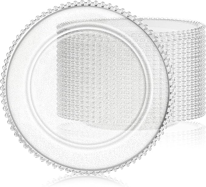 Hoolerry 12 Pack Clear Charger Plates Bulk 13 Inch Plastic Round Beaded Dinner Chargers Acrylic Frosted Grain Decorative Service Plates for Wedding Party Event, Home and Kitchen Tabletop (Transparent)