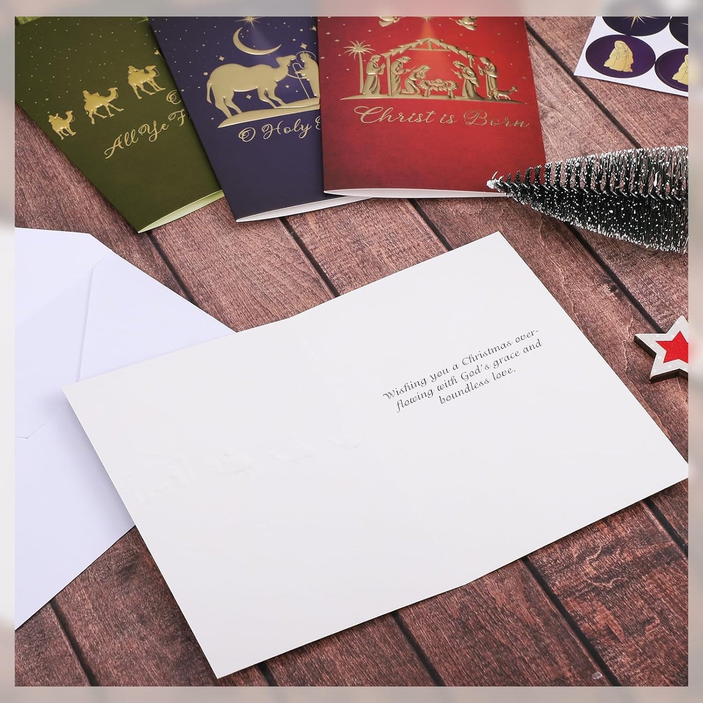 Christmas Cards with Envelopes and Stickers, 24 Pack Religious Christmas Cards, 4 Religious Designs Gold Foil Embossed Greeting Card for Xmas