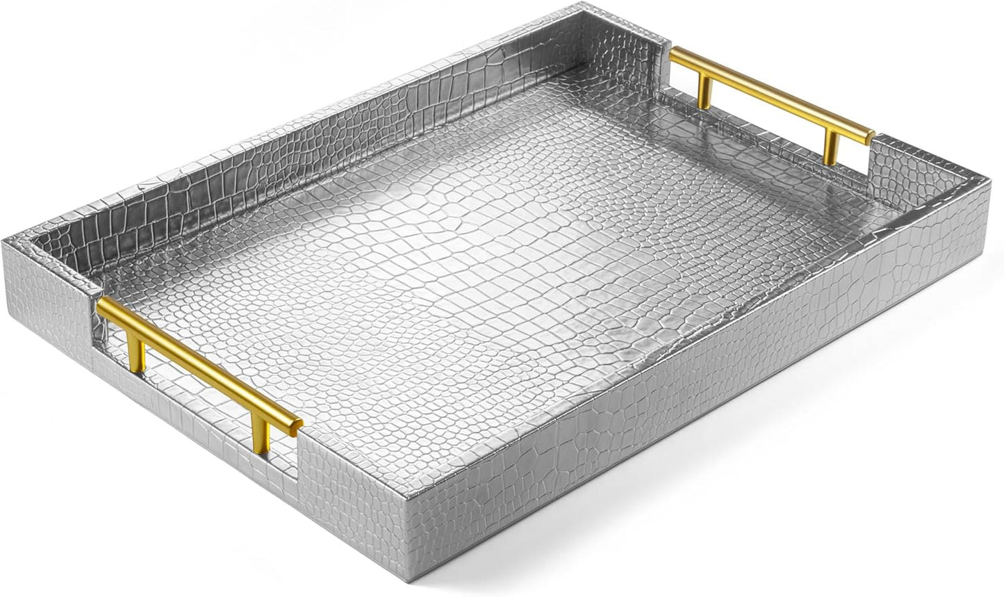 17" x 12" Wood Serving Tray with Gold Polished Metal Handles, Home Decorative Wooden Rectangle Ottoman Leather Decor Platter Bathroom Vanity Tray for All Occasions Alligator Silvery