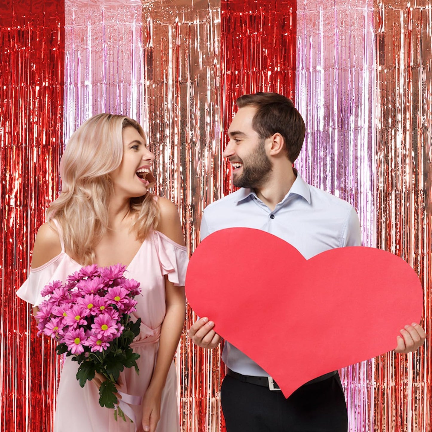 TONIFUL Valentine's Day Door Streamers,Red Pink and Rose Gold Photo Booth Backdrop Metallic Streamers Foil Fringe Curtain for Birthday Valentine's Day Bridal Shower Engagement Party Decoration