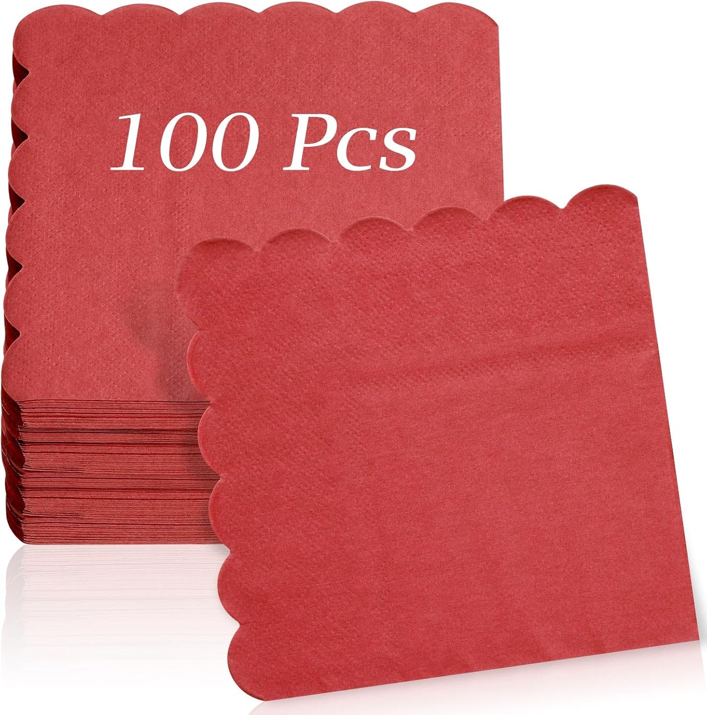 100 Pcs Cocktail Napkins, 2-Ply 5 x 5 Inches Disposable Scalloped Napkins, Thick Premium Dessert Napkins for Party, Wedding, Dinner, Birthday, Anniversary, Festival (Red)