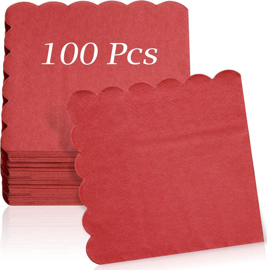 100 Pcs Cocktail Napkins, 2-Ply 5 x 5 Inches Disposable Scalloped Napkins, Thick Premium Dessert Napkins for Party, Wedding, Dinner, Birthday, Anniversary, Festival (Red)