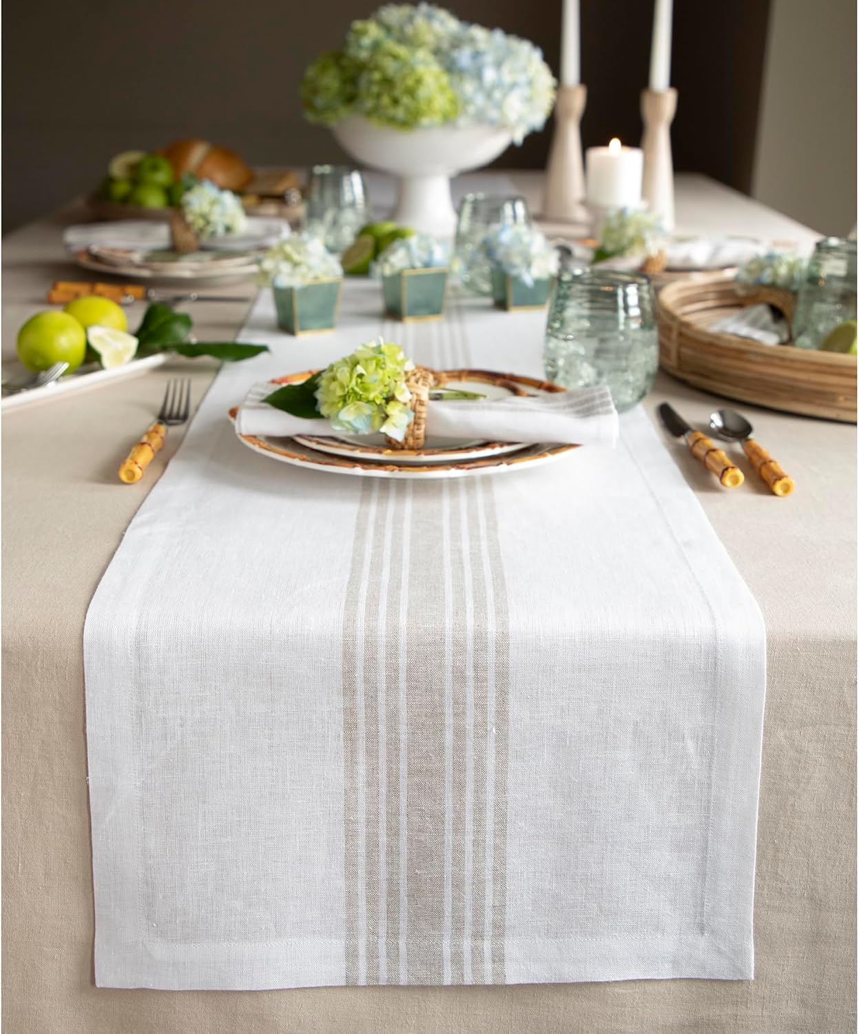 Solino Home Linen Table Runner 132 Inches Long - 100% Pure Linen Natural and White Farmhouse Table Runner 14 x 132 Inch for Dining, Thanksgiving