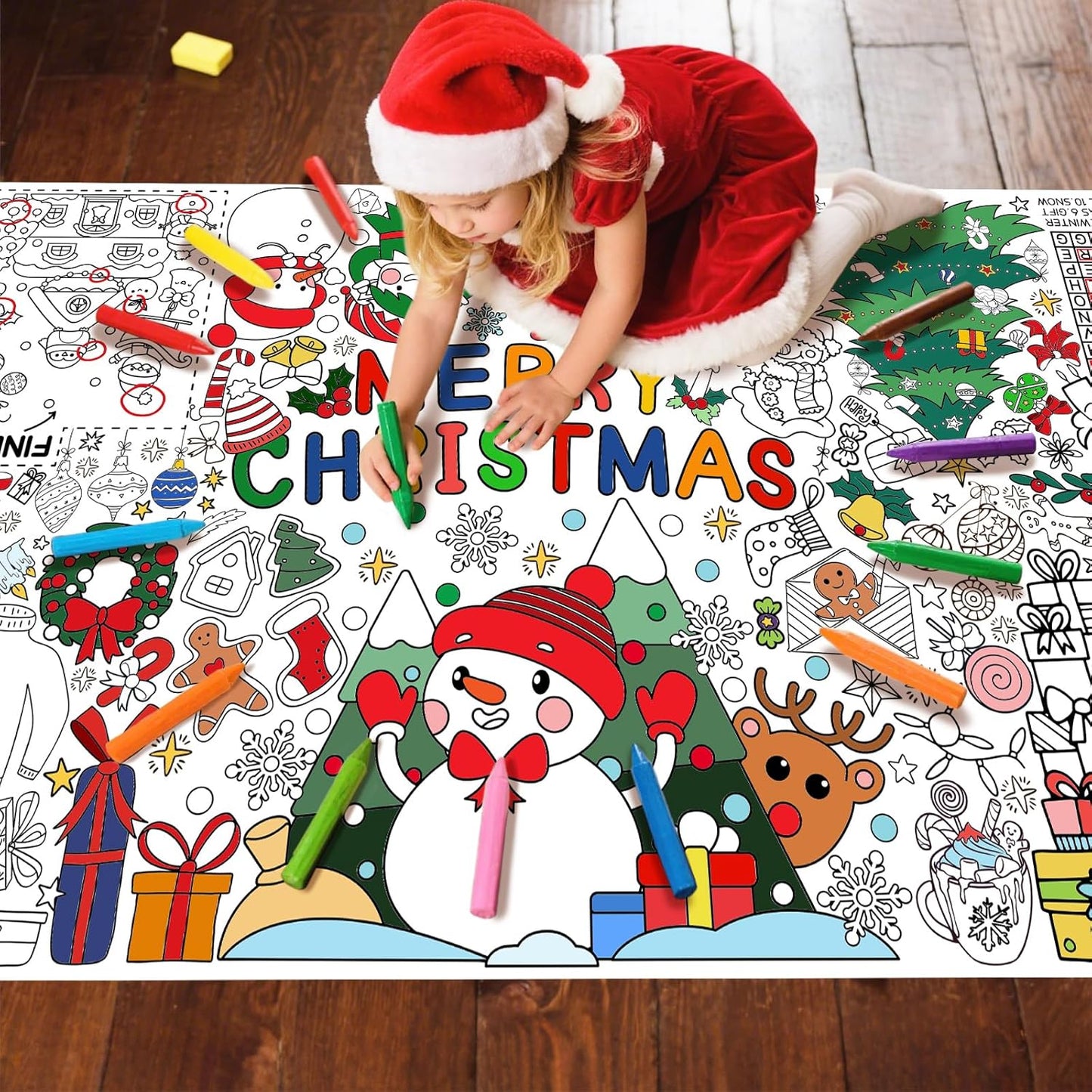 Gatherfun Merry Christmas Decorations - Versatile 31.5 x 72 Inches Activity Poster, Christmas Party Coloring Banner/Santa & Snowman Table Cover for School Parties and Special Events
