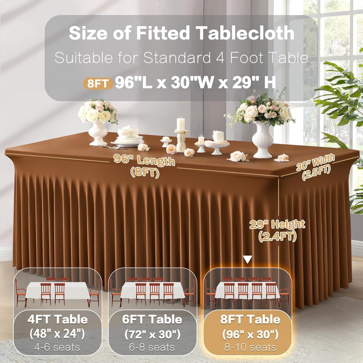 6 Packs Brown Spandex Tableclothes for 8 Foot Rectangle Table, Spandex Table Covers 8FT Stretch Table Skirts Rectangle Wrinkle Free Fitted Tablecover for Event, Wedding, Banquet & Parties