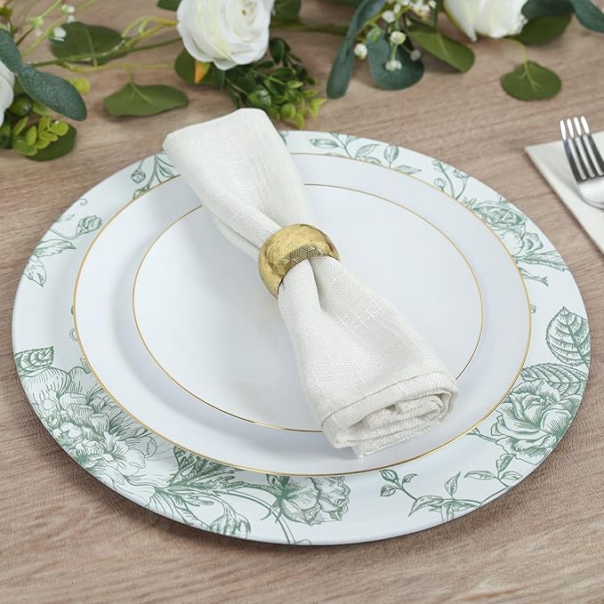 Efavormart 6 Pack Floral Acrylic Charger Plates in French Toile Pattern, White Sage Green Round Dinner Charger Event Tabletop Decor - 13"