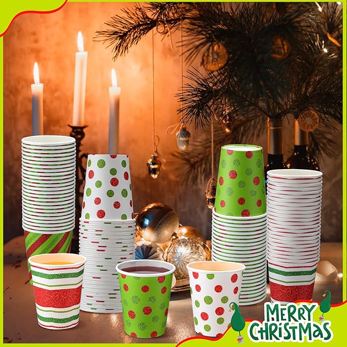 Funtery 100 Pieces Christmas Paper Cups Xmas Disposable Coffee Cups Red and Green Polka Dot Striped Christmas Cup Christmas Cups 9 oz Drinking Tea Paper Cups Christmas Cups for Daily Use Holiday Party