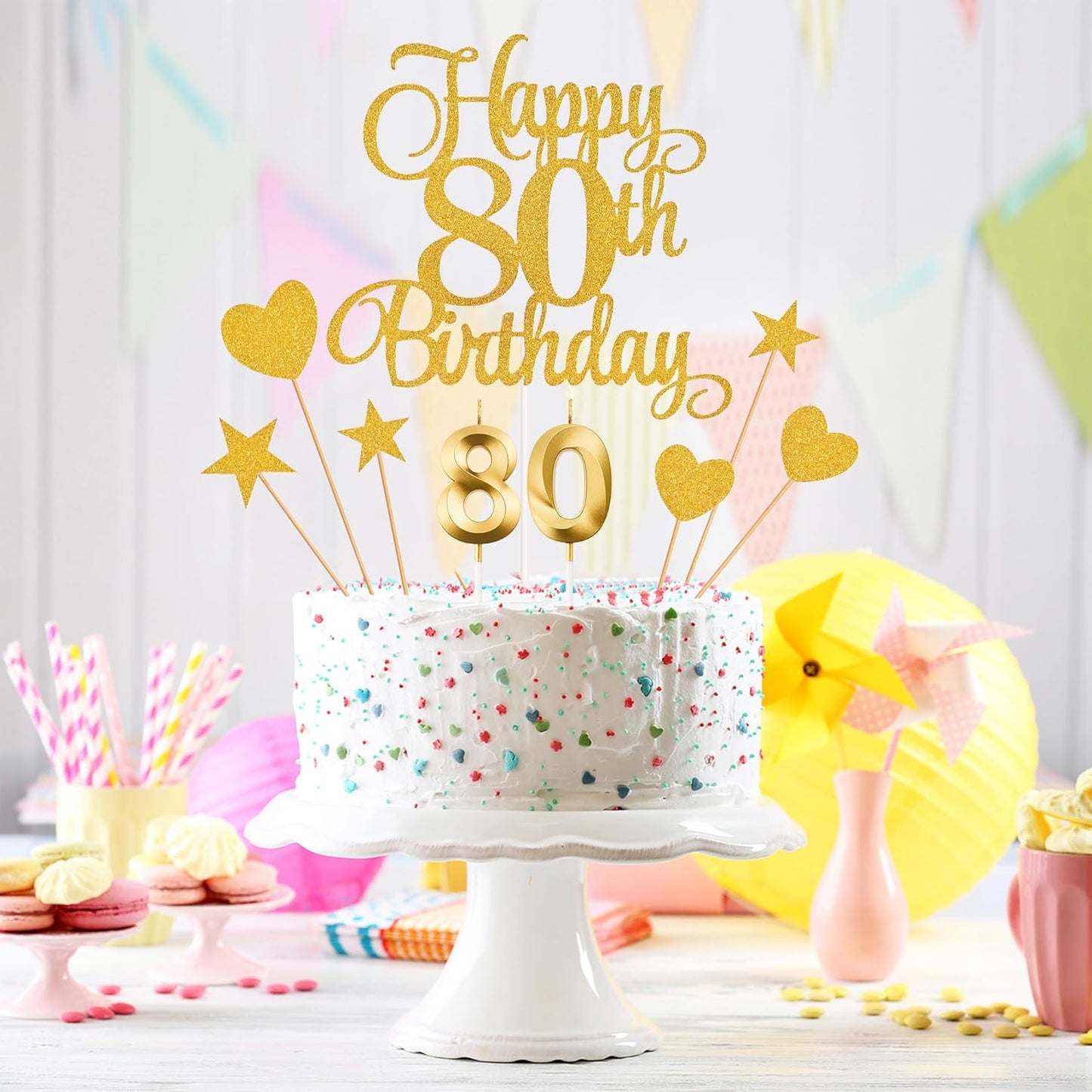 80th Birthday Cake Decorations, 80th Birthday Candles Cake Numeral Candles and Glitter Happy 80th Birthday Cake Toppers Set for Birthday Party Supplies (Gold)
