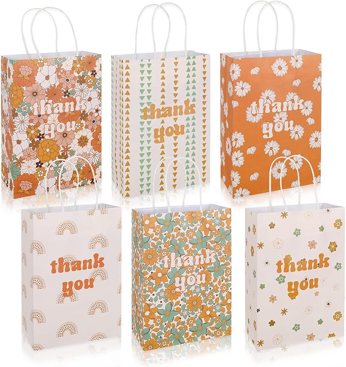 AnyDesign 12 Pack Boho Thank You Gift Bags Bulk Retro Rainbow Flower Paper Bags with Handle Candy Goody Party Favor Bags for Wedding Birthday Baby Shower Bridal Party Supplies, 5.9 x 8.3 x 3.1 Inch