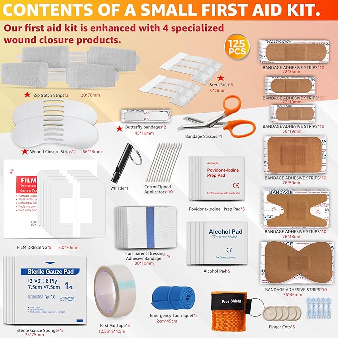 Emergency First Aid Kit Survival - Dotodo Car Medical Kit | Portable Emergency Kit for Trave, Home, Sports, Camping, Dorm, RV, Workplace (Orange, 125 PCS)