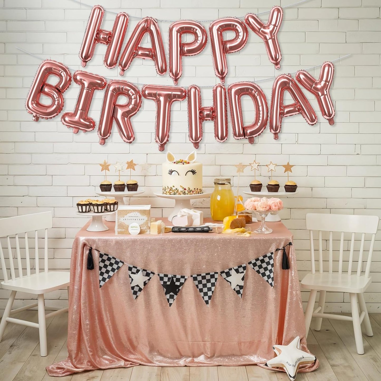 Happy Birthday Banner Balloon Rose Gold, 16 Inch Happy Birthday Mylar Foil Balloon Letters Banner, Self Inflating Birth Balloons Bunting for Girls Women Bday Party Decorations Supplies
