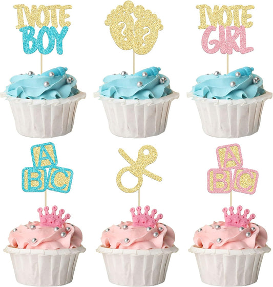24Pcs Boy or Girl Cupcake Toppers Gender Reveal Cupcake Picks Glitter Baby Shower Cupcake Decorations Vote Boy or Girl Cake Decorations for Baby Shower Kids Birthday Theme Party Supplies