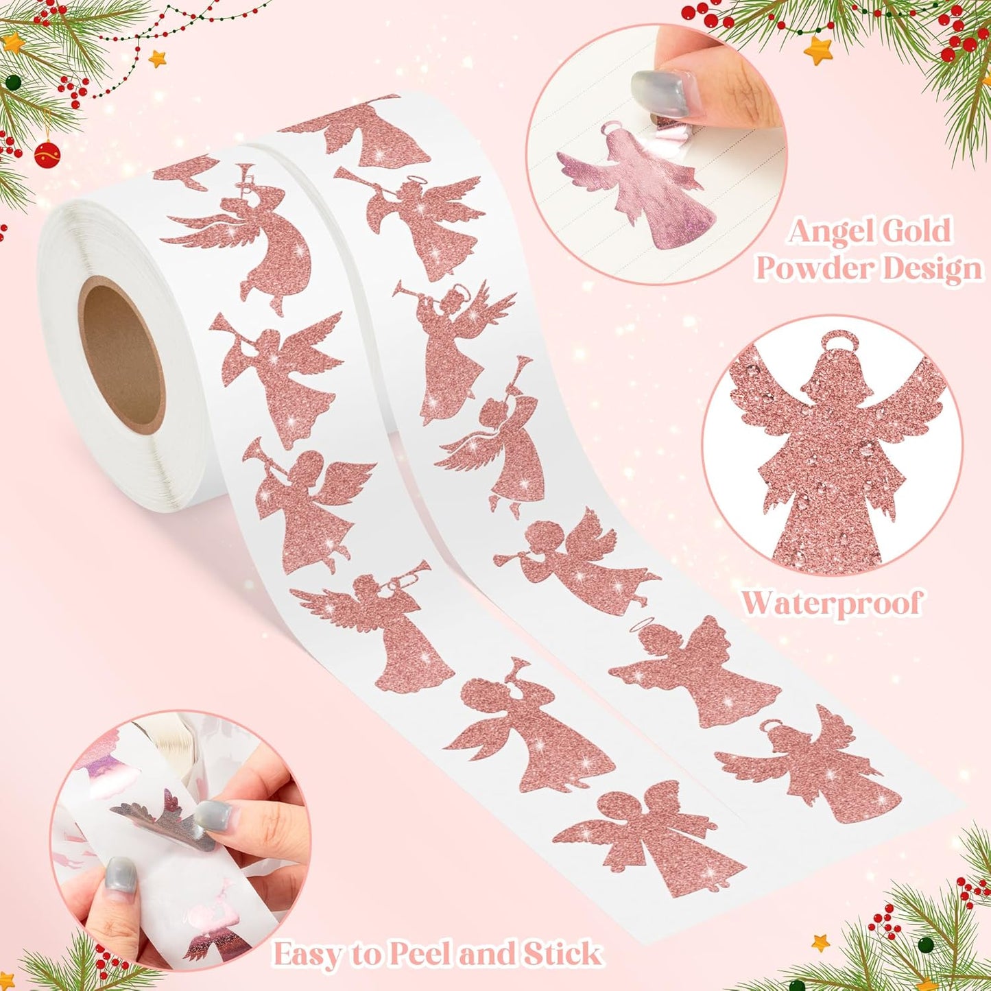 Rose Gold Angel Stickers - 2 Rolls 16 Christmas Foil Angel Designs Waterproof Holiday Decorations for Gift Wrapping, Scrapbook, Kids Crafts, Party Favors, Glass Windows & Laptop Decor