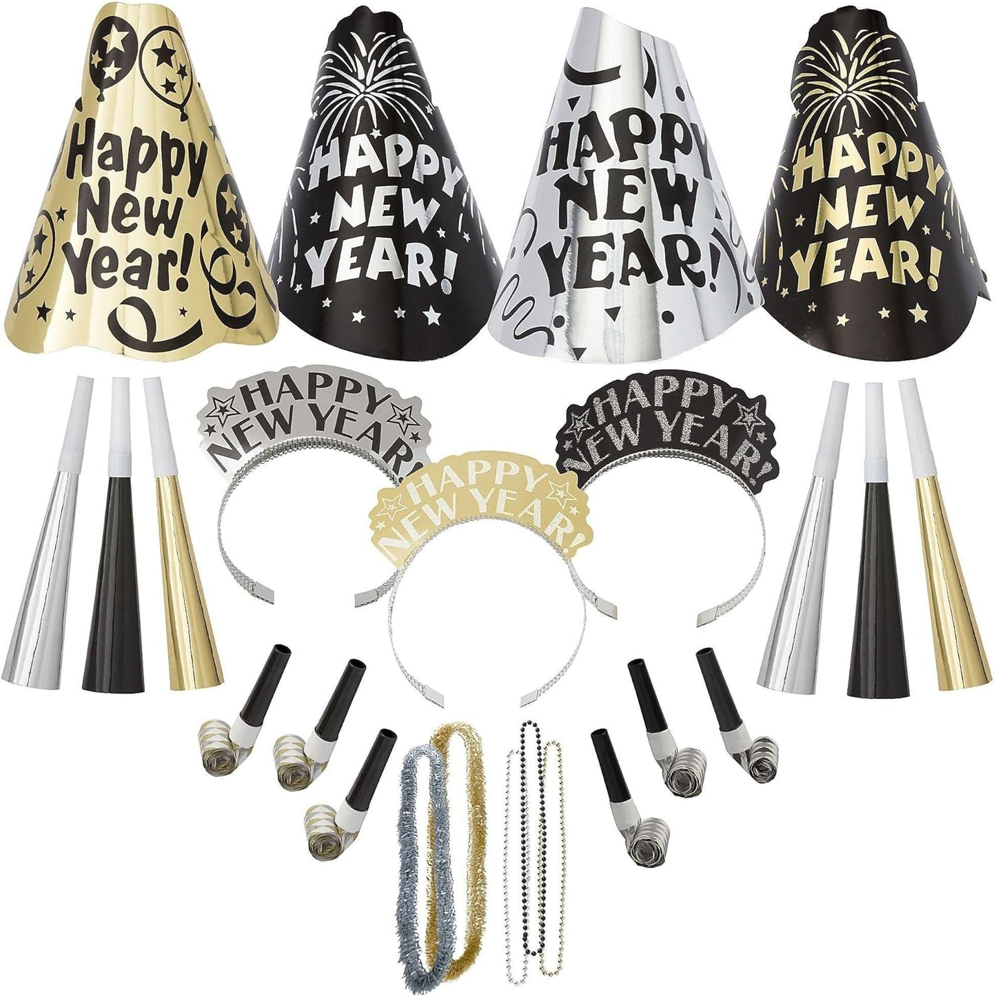 amscan Fantasy 2025 New Year's Eve Decorations Party Supplies for 100, Includes Top Hats, Tiaras and Bead Necklaces