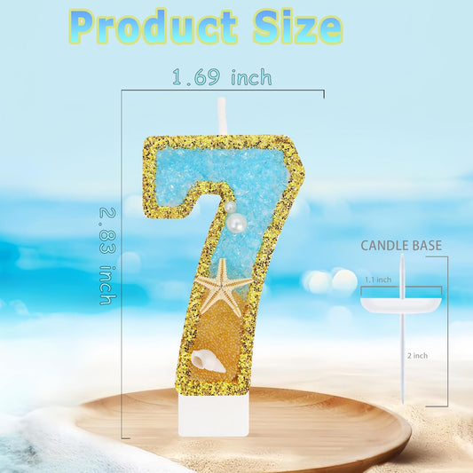 Ocean Number 7 Candle, Glitter Gold Beach Starfish Cake Topper, Tropical Ocean Princess Birthday Decorations for Party Supplies Wedding Anniversaries