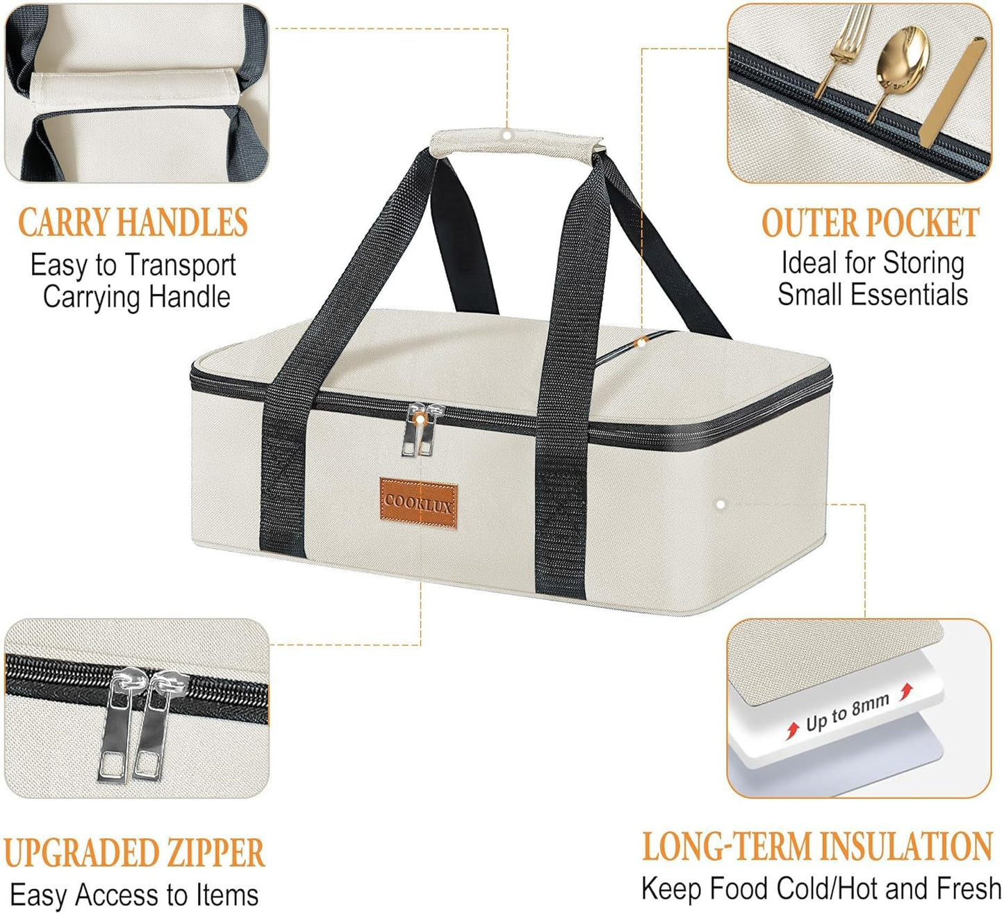 Insulated Casserole Carrier Fits 9"X13" Dish, Insulated Casserole Carry Bag for Hot or Cold Food, for Travel/Picnic/Party, Beige Single Layer, Durable Nylon with Zip Pockets, Leak-Proof