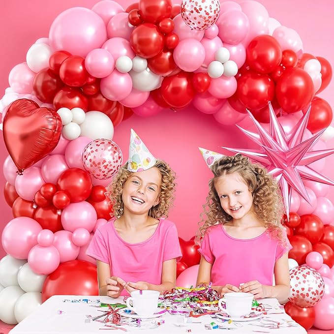 Pink Balloon Garland Arch Kit,Red Pink White Balloon Garland with 18Inch Heart Balloons and 22Inch Star Balloons for Mother's Day Valentines Birthday Wedding Anniversary Party Decorations