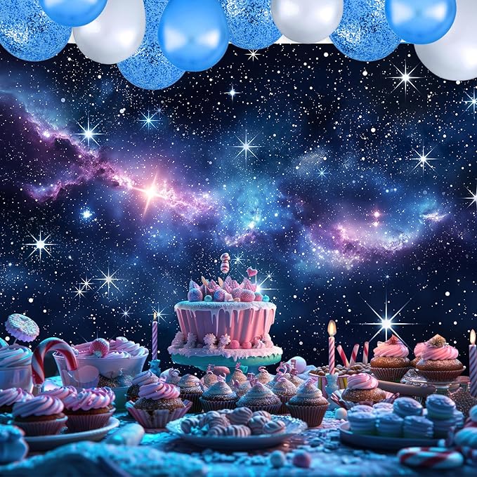 Homewelle Galaxy Starry Stars Sky Backdrop 7Wx5H Feet Polyester Fabric Navy Blue Outer Space Universe Nebula Clouds Fantasy Planet Boys Kids Decoration Cosmic Photography Background Photo Shoot Props