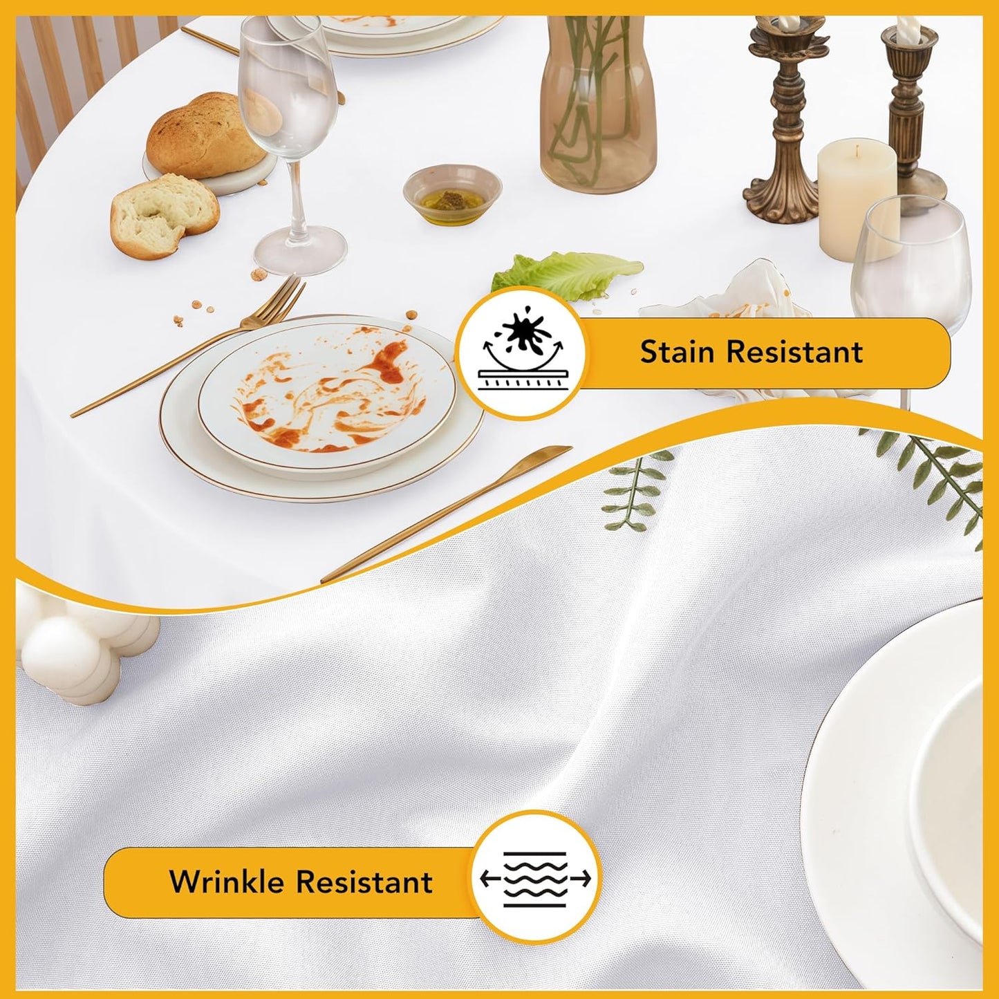 6-Pack White Round Tablecloths, 120 Inches, Stain-Resistant Polyester for 5-6 Ft Round Tables - Washable Table Covers for Weddings, Banquets, Birthday, Parties, Events