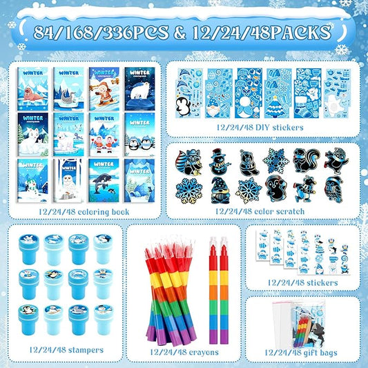 BenLouis Winter Party Favors Set Holiday Themed Coloring Book Classroom Gift Prizes Bulk for Students Kids Christmas Frozen Birthday Goodie Bag Stuffers Pinata Filler (24Set Snowflake)
