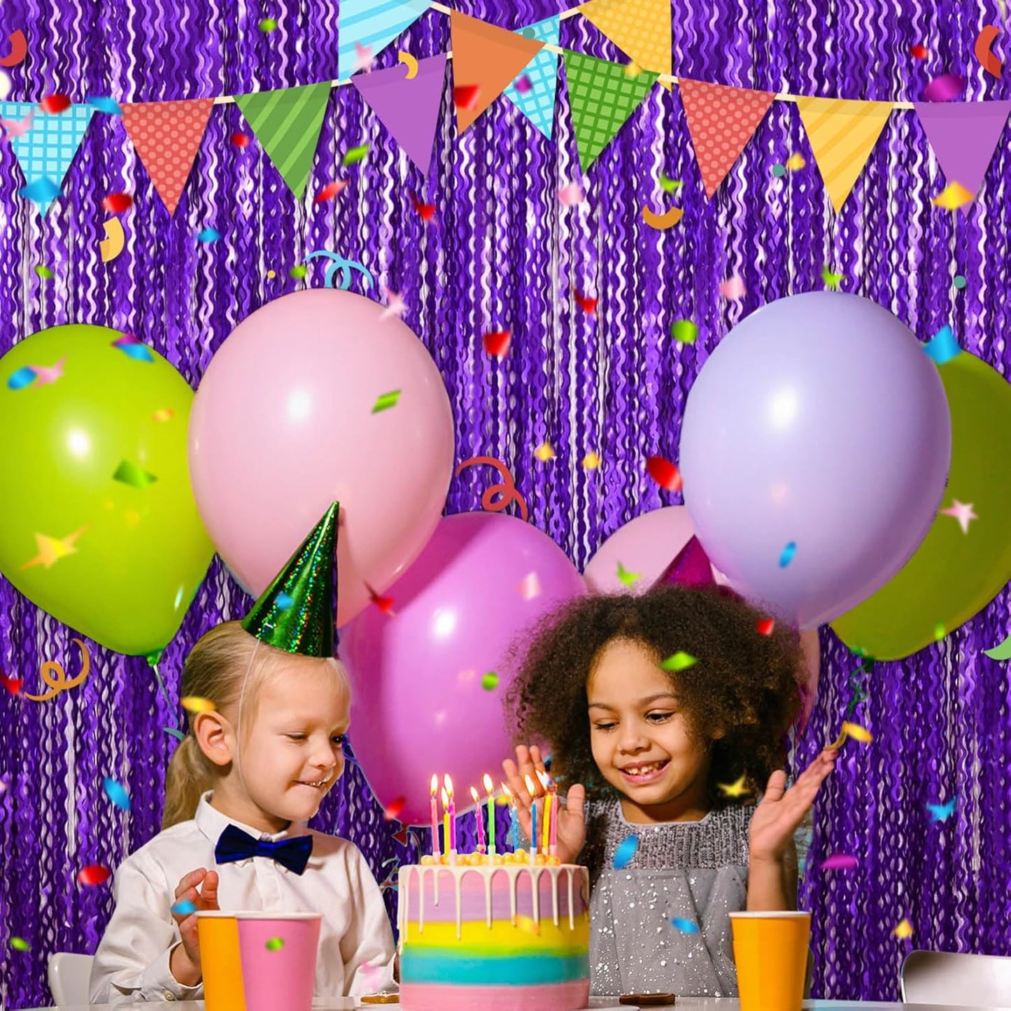 4 Pack Purple Fringe Curtain Backdrop 3.2Ft x 8.2Ft Metallic Tinsel Foil Fringe Streamers Background for Photo Booth Mother's Day, Easter, Carnival, Birthday, Wedding Party Decoration