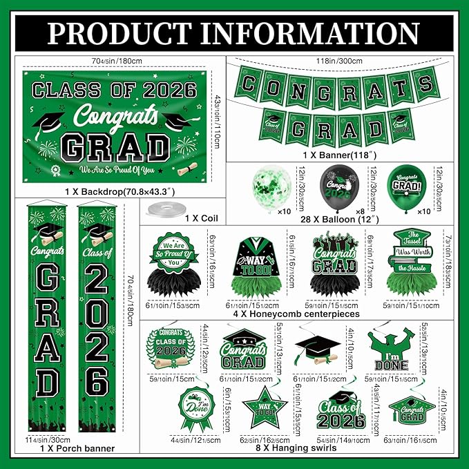 Graduation Decorations Class of 2026 Green Graduation Party Decor Set include Congrats Grad Banner Backdrop Class of 2026 Balloons Party Supplies