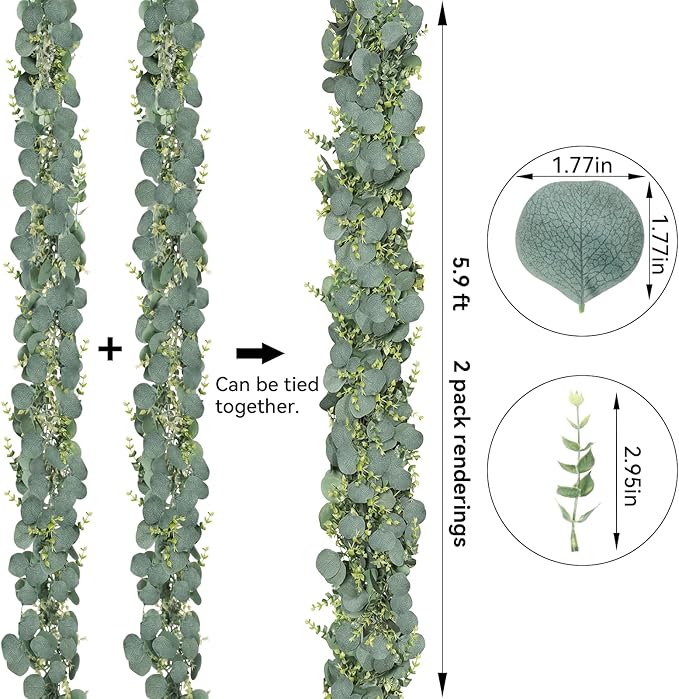 CQURE 4 Pack 5.9ft Eucalyptus Garland, Artificial Eucalyptus Leaves Spring Garland Fake Silver Dollar Greenery Wreath Vines for Wedding Table Party Mantle Bedroom Wall Room Decor