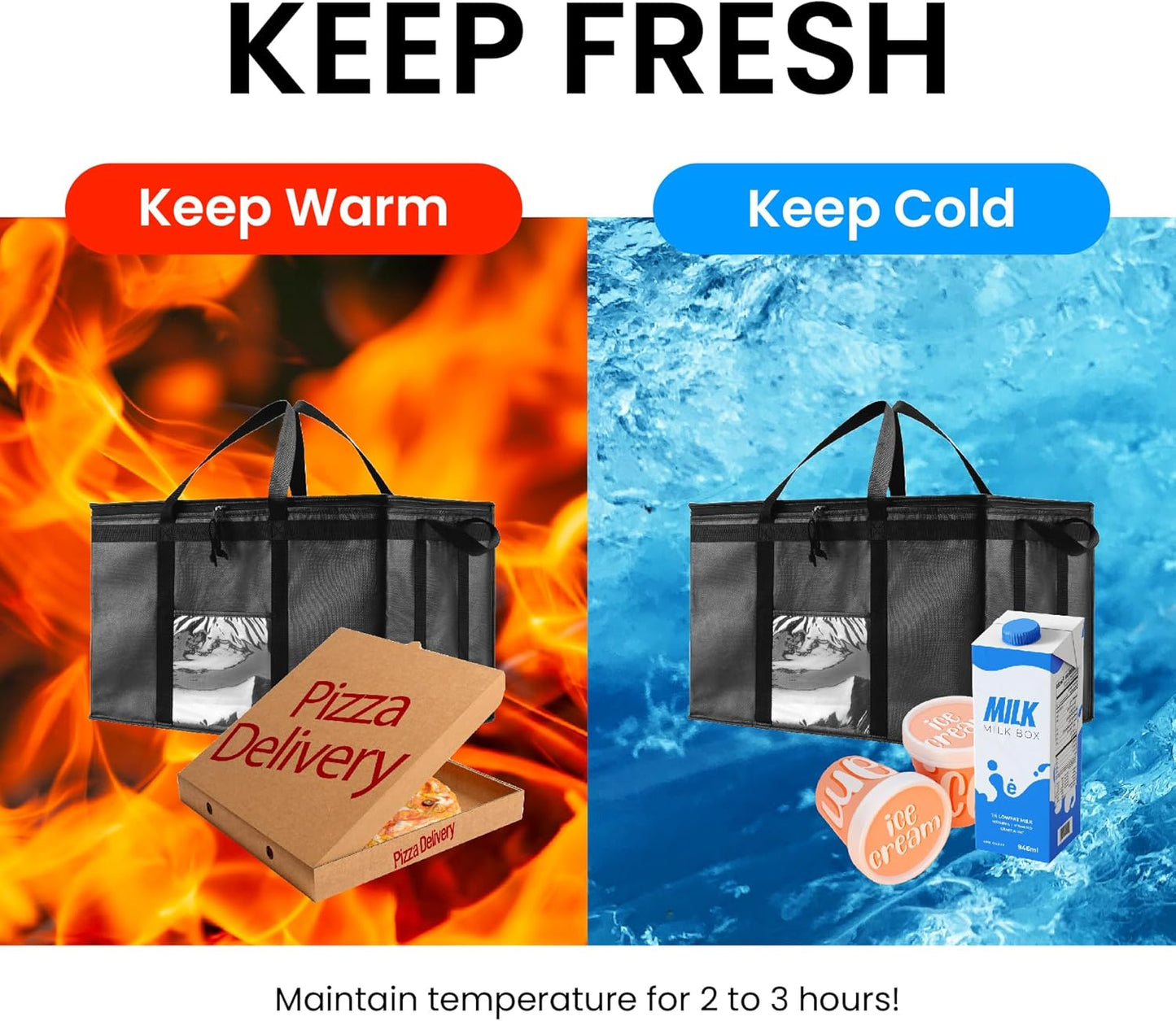 Insulated Cooler Bag and Food Warmer (3XL, 2 Pack) for Delivery & Grocery Shopping with Zippered Top, Black