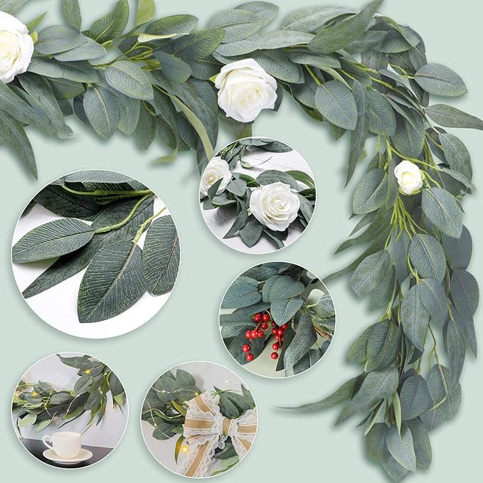 Ageomet 3pcs 6.6ft Eucalyptus Garland, Artificial Eucalyptus Vines Faux Hanging Garland with Fake Leaves for Wedding Party Table Backdrop, Arch Wall Garden Decor