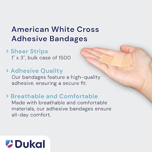 American White Cross Adhesive Bandages, Sheer Strips, 1" x 3" | Bulk Case of 1500 | Sterile, Breathable and Multi-Purpose for School Nurses, Businesses, and First Aid Kits