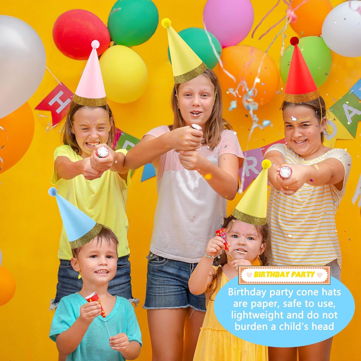 48 Pcs Birthday Party Hats Paper Colorful Cone Party Hats with Pom Poms and Glitter Trim for Kids Adults Birthday Holiday Party Family Gathering Favor Supplies