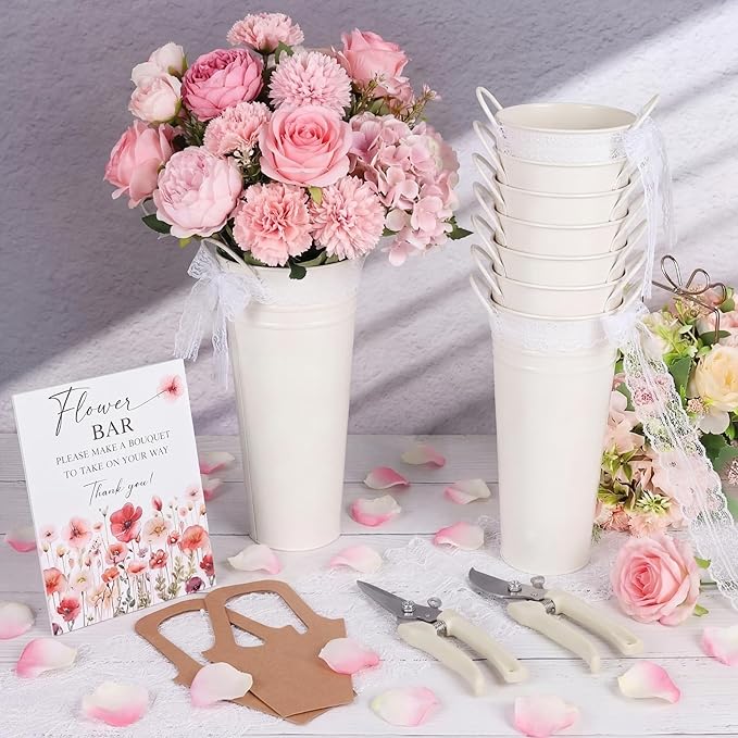 LEIFIDE 39 Pcs Flower Bar Buckets Set Kit Bloom Bar Supplies Include Wood Sign Gift Bags Iron Bucket Garden Flower Shears for Valentine Days Wedding Bridal Shower Table Centerpieces (Light Beige)