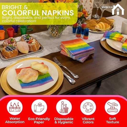 Iconikal 75-Count Disposable Party Napkins, 6.5x6.5-Inch, Rainbow Watercolor, 2-Ply