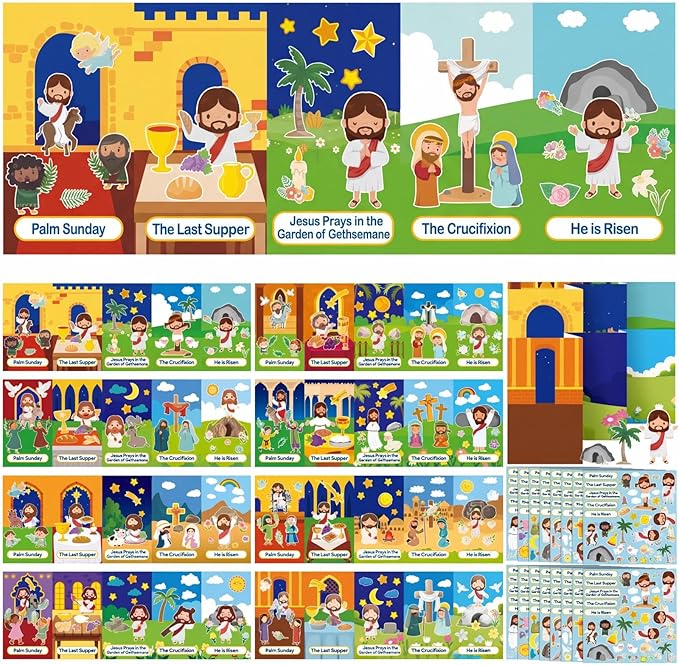 Frienda 48 Set Religious Easter Crafts Holy Week Scene Kits Make Your Own Christian Easter Stickers He is Risen Sticker Palm Sunday Crafts for DIY Classroom Sunday School Church Party Supplies