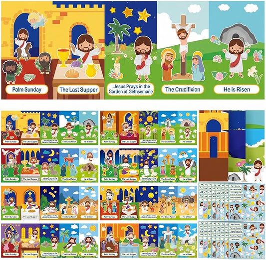 Frienda 48 Set Religious Easter Crafts Holy Week Scene Kits Make Your Own Christian Easter Stickers He is Risen Sticker Palm Sunday Crafts for DIY Classroom Sunday School Church Party Supplies