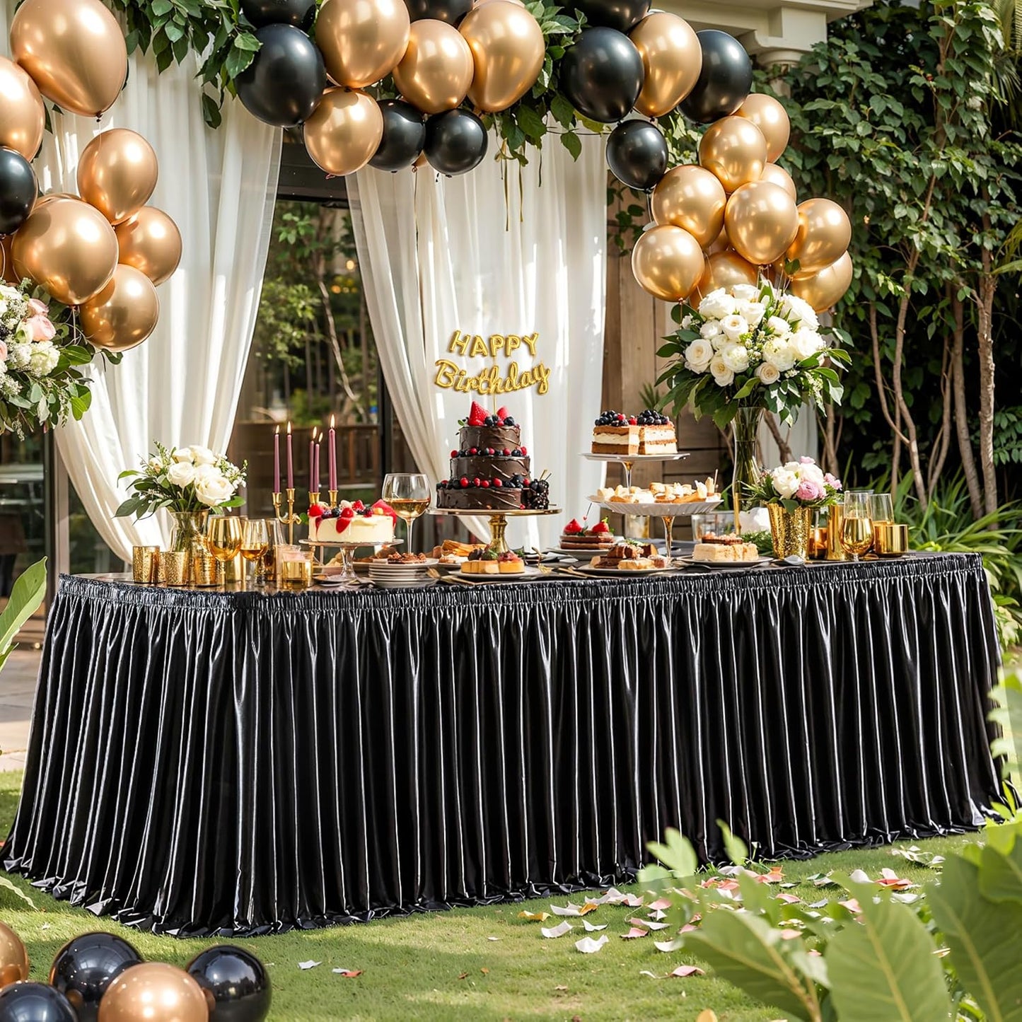 Wish Care 21ft Long Black Satin Table Skirt for Rectangle Wrinkle Free Glitter Desk Skirts Pleated Ruffle Table Cloth for Wedding Birthday Graduation Party Buffet Display Trade Show Table Decorations