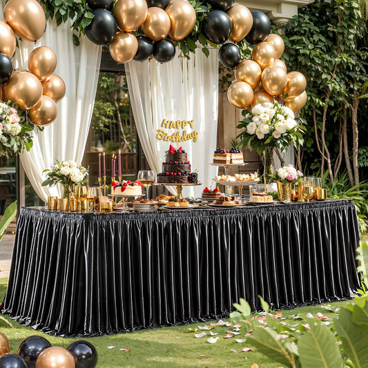 Wish Care 14ft Black Satin Table Skirt for Rectangle Tables Wrinkle Free Glitter Desk Skirts Pleated Ruffle Table Cloth for Wedding Birthday Graduation Party Buffet Display Trade Show Table Decoration