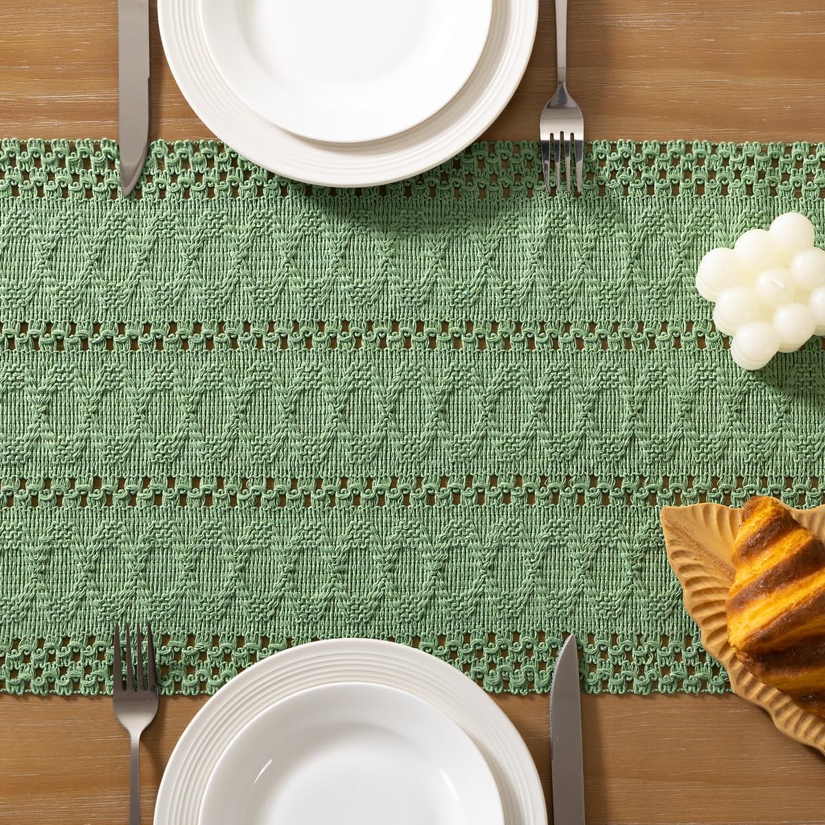 Socomi Sage Green Boho Table Runner Macrame Long Fall Thanksgiving Farmhouse Woven Cotton Linen Rustic Coffee Table Runner with Tassels for Dresser Scarf Home Decor Dining Room 12x108 inch