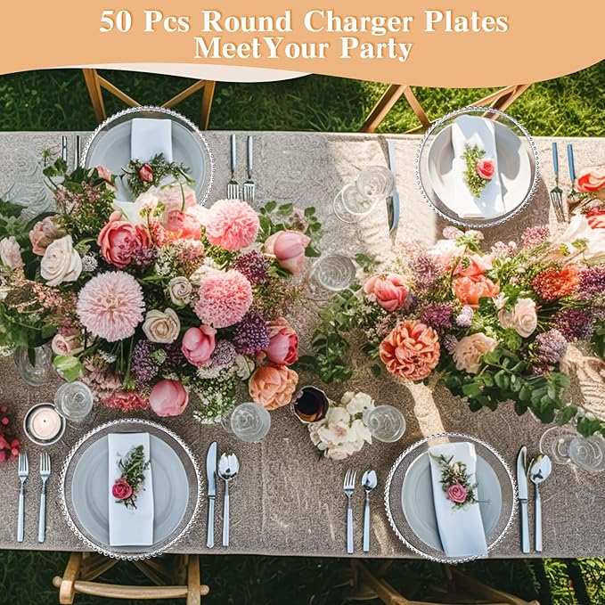 Hoolerry 50 Pack Clear Charger Plates Bulk 13 Inch Plastic Round Beaded Dinner Chargers Acrylic Frosted Grain Decorative Service Plates for Wedding Party Event, Home and Kitchen Tabletop (Silver)