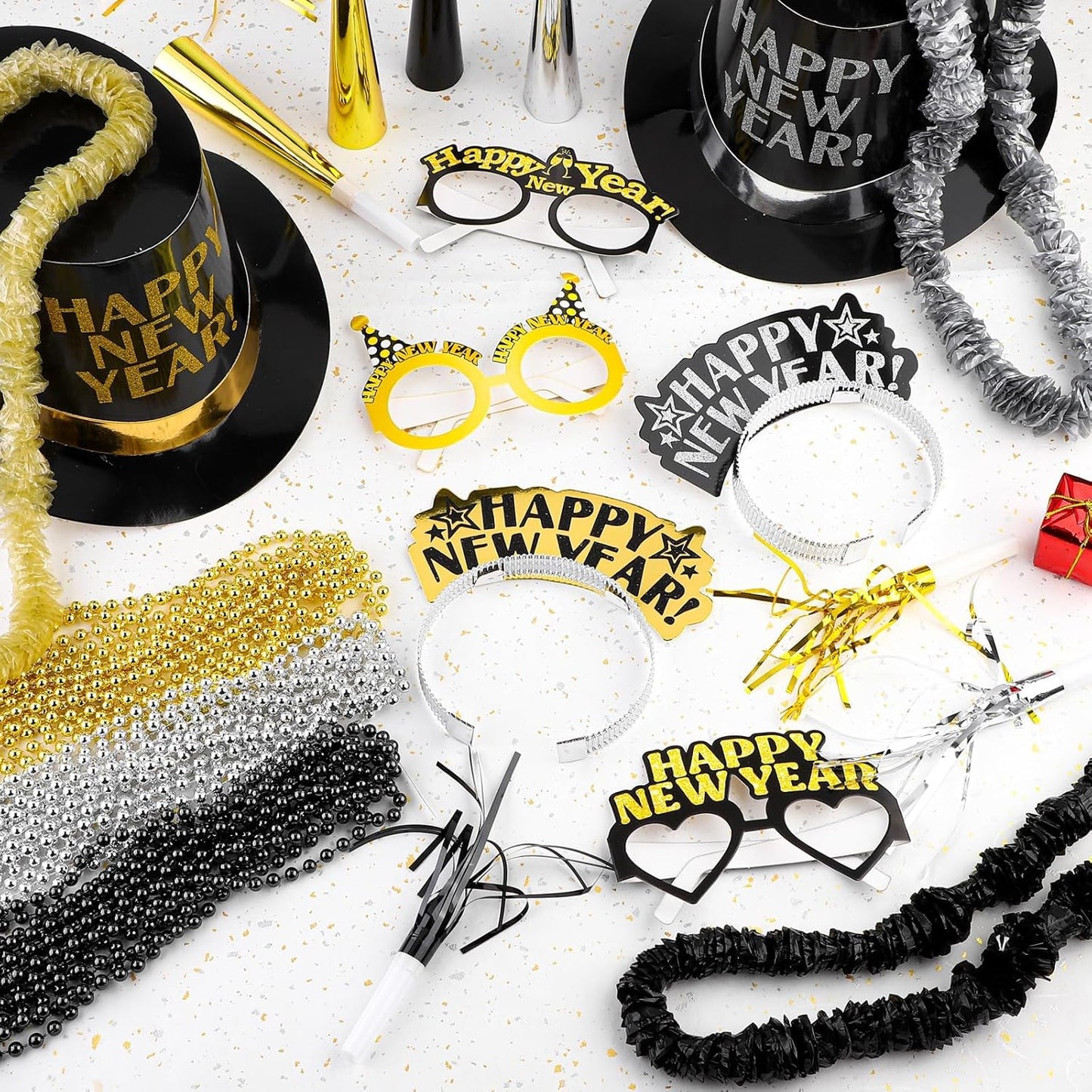 Fovths 132 Pieces 2026 New Years Eve Party Supplies Includes Glasses Top Hats Headband Noisemakers Horns Bead Necklaces Plastic Leis New Year Party Favors for Celebration Decoration Gift