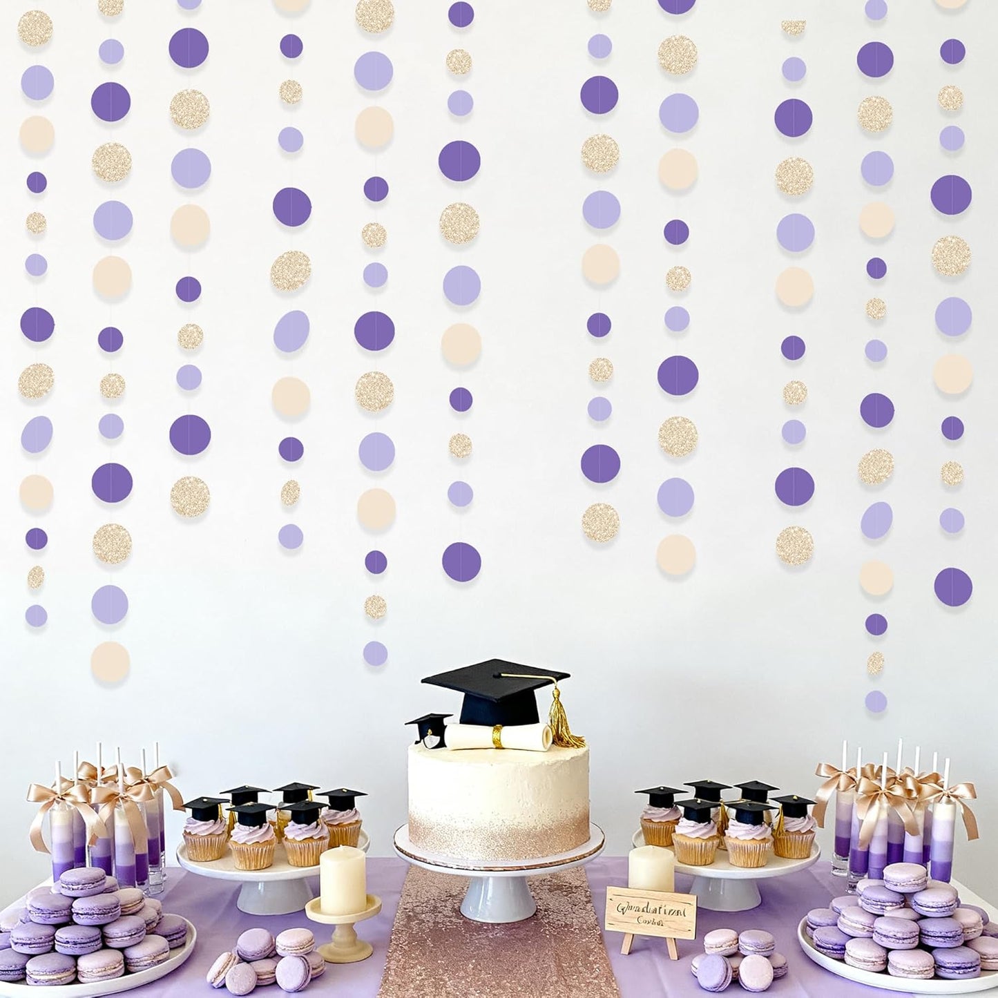 Champagne Gold Purple Cream Nude Polka Dots Garland Lavender Hanging Paper Circle Dot Streamer for Birthday Wedding Engagement Baby Shower Bridal Shower Lilac Violet Theme Party Decorations Supplies